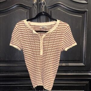 American Eagle Outfitters Cream and Brown Striped Tee